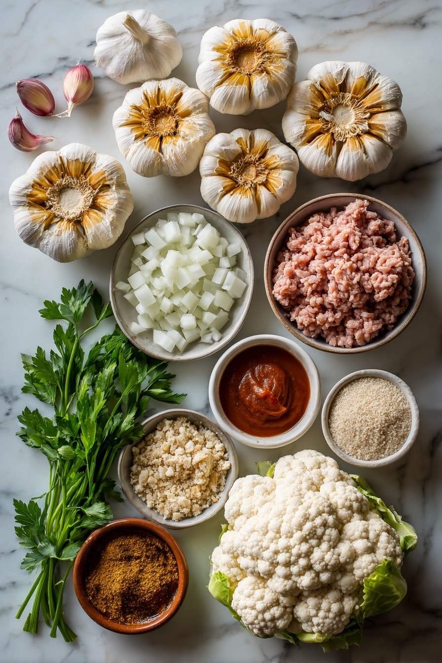Flat lay of plump heads of roasted garlic with golden caramelized tops, a large fresh cauliflower broken into florets, bright green fresh parsley leaves scattered around, raw ground turkey in a neat mound, diced sweet onion with white and purple hues, small piles of seasoned bread crumbs, a light brown mixture of ketchup and brown sugar, and a few whole garlic cloves, all beautifully arranged on a white marble surface, photo taken with an iphone --ar 2:3 --v 7 - Mini Turkey Meatloaves with Roasted Garlic Cauliflower Mash, healthy turkey meatloaf recipes, easy comfort food ideas, wholesome weeknight dinner, flavorful cauliflower mash