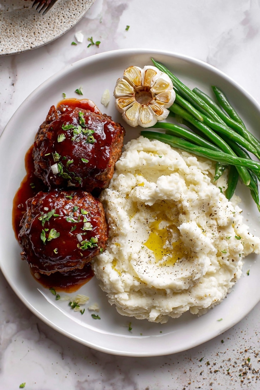 A white plate holds three main parts: two round patties covered in a shiny dark reddish-brown sauce with small green herb bits on top, positioned side by side on the left; a large scoop of creamy, slightly lumpy white mashed food with a drizzle of yellow oil and sprinkled black pepper on the right; and a small bunch of bright green beans with a light shine and coarse salt at the bottom left. On top of the mashed food, there is a whole roasted garlic bulb with a light golden brown cut surface facing up. The plate sits on a white marbled texture. Photo taken with an iphone --ar 2:3 --v 7 - Mini Turkey Meatloaves with Roasted Garlic Cauliflower Mash, healthy turkey meatloaf recipes, easy comfort food ideas, wholesome weeknight dinner, flavorful cauliflower mash
