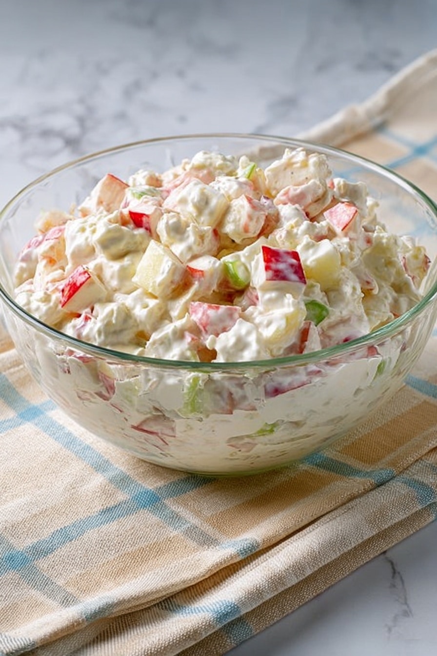 The image shows a clear glass bowl filled with a creamy salad made of small, soft white cottage cheese curds mixed with pieces of red apple and small bits of green celery, all coated in a thick white dressing. The bowl sits on a folded beige and light blue checkered cloth, placed on a white marbled surface. The salad has a chunky texture with visible layers of creamy cheese and colorful fruit and vegetable pieces, creating a fresh and rich look. photo taken with an iphone --ar 2:3 --v 7 - Waldorf Salad, Waldorf Salad Recipe, how to make Waldorf Salad, classic Waldorf Salad, easy Waldorf Salad