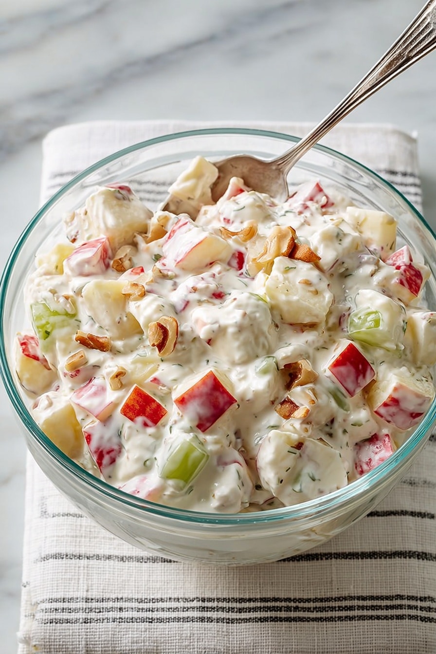 A clear glass bowl holds a creamy salad with three main layers visible: large creamy white yogurt mixed with small chunks of red apple pieces, green celery slices, and light brown nuts scattered throughout. The mix looks thick and rich, with the red apples and green celery adding bright pops of color against the smooth white cream. A silver spoon rests inside the bowl, its handle pointing outwards. The bowl sits on a white towel with thin gray stripes, placed on a white marbled surface. photo taken with an iphone --ar 2:3 --v 7 - Waldorf Salad, Waldorf Salad Recipe, how to make Waldorf Salad, classic Waldorf Salad, easy Waldorf Salad