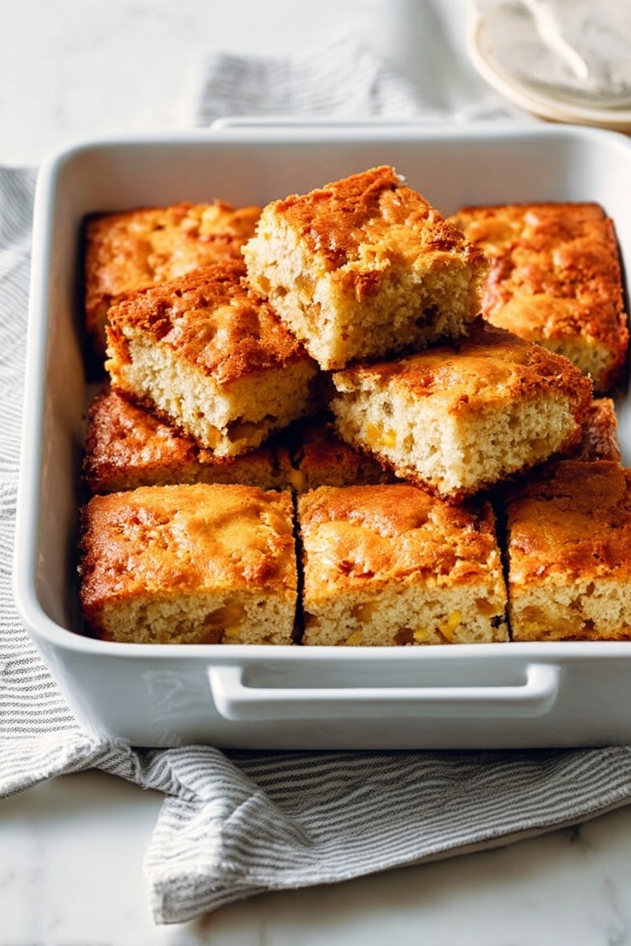 The image shows a white rectangular baking dish filled with nine square pieces of golden brown cake. The cake has a slightly crispy, crumbly top with small light patches indicating chunks of apple or another fruit inside. One square near the center is lifted slightly, showing a soft, moist, and dense interior with a light brown color and small fruit bits embedded. The cake pieces are arranged neatly, and some crumbs are scattered around the edges inside the dish. The dish is on a white marbled surface with a white cloth featuring gray and black patterns nearby. A white round plate and a knife with a wooden handle are partially visible beside the dish. Photo taken with an iphone --ar 2:3 --v 7 - Easy Apple Cake, apple cake recipe, moist apple cake, cinnamon apple dessert, quick apple cake