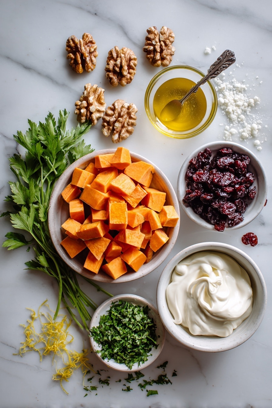 Flat lay of bright orange cubed sweet potatoes, glossy toasted walnut halves, deep red chopped dried cherries, fresh green minced parsley sprigs, small piles of golden honey drizzle, and thin strands of grated lime zest, all beautifully arranged with smooth dollops of creamy mayonnaise and a few scattered white vinegar droplets, placed on a white marble surface, photo taken with an iphone --ar 2:3 --v 7 - Sweet Potato Salad with Walnuts, Cherries, and Lime Zest, healthy sweet potato salad, vibrant fruit and nut salad, easy summer salads, flavorful vegetable salads