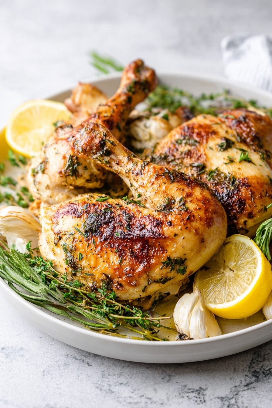 A white plate holds a whole roasted chicken that is brown and crispy on top, split open to show the inside filled with a creamy white stuffing mixed with green herbs. Around the chicken are several sprigs of fresh green herbs, pale cloves of roasted garlic, and slices of bright yellow lemon. The chicken skin looks shiny and slightly charred in some places, sitting on a white marbled surface. photo taken with an iphone --ar 2:3 --v 7 - Roasted Spatchcock Chicken with Herb Garlic, juicy crispy roasted chicken, herb garlic chicken recipe, easy spatchcock chicken, flavorful roast chicken