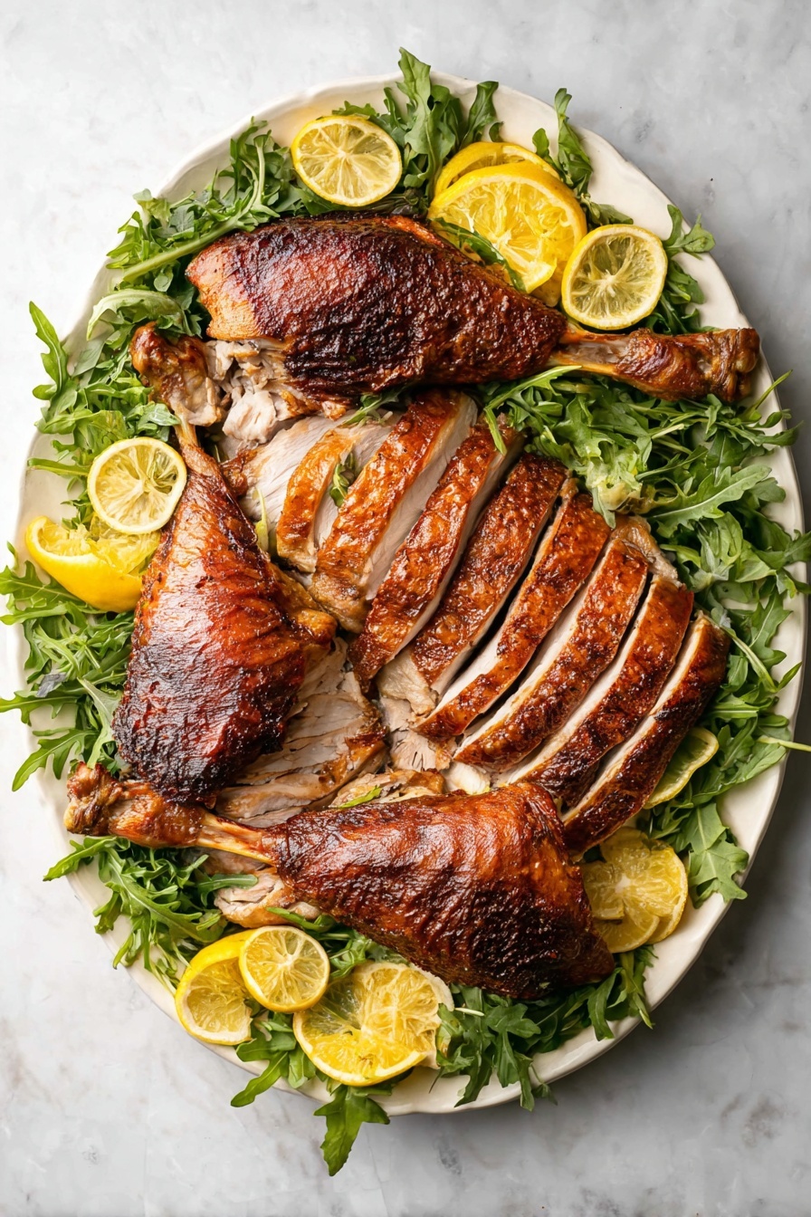 A whole roasted chicken with a dark, crispy, and browned skin sits on a white round plate. The chicken has visible seasoning on its skin and is positioned with its legs folded beneath it. Around the chicken on the plate is a bed of fresh green leafy arugula, with slices of bright yellow lemon placed evenly on top of the greens. The plate is set on a white marbled surface with a plain, light-colored background. photo taken with an iphone --ar 2:3 --v 7 - Asian Five-Spice Roast Turkey, roast turkey with five-spice, flavorful holiday turkey, aromatic turkey marinade, Asian-inspired turkey recipe