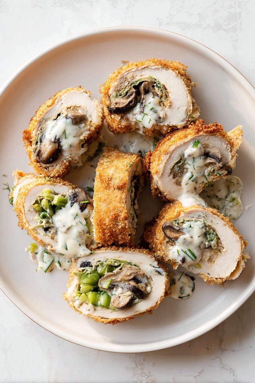 The image shows five pieces of golden brown crispy fried rolls arranged diagonally on a white marbled surface. Each roll is coated in crunchy breadcrumbs and sliced to reveal a creamy white filling with herbs inside. On top of each roll and some around them, there is a thick, light-colored sauce with green herb bits spread unevenly, giving a fresh and rich look. Small green vegetable slices peek out from the center of the rolls. The scene is bright and clear, focusing closely on the texture and color contrast between the crunchy outside and creamy, herb-filled inside. photo taken with an iphone --ar 2:3 --v 7 - Creamy Chicken Roulade with Spinach Mushrooms Alfredo Sauce, Chicken Roulade with Spinach and Mushrooms, Elegant Chicken Dinner Recipe, Easy Chicken Roulade, Creamy Stuffed Chicken Breast
