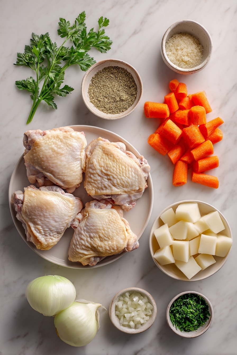 Flat lay of bone-in chicken thighs with golden skin, fresh peeled and cubed potatoes, bright orange carrot pieces, finely chopped white onions, minced garlic cloves, a small pile of grated green apple, a spoonful of grainy Dijon mustard, a sprinkle of dried Italian seasoning, and chopped fresh green parsley leaves, all beautifully arranged in natural light placed on a white marble surface, photo taken with an iphone --ar 2:3 --v 7 - Apple Dijon Braised Chicken Thighs, Chicken thigh recipes with apples, Easy comfort food dinner ideas, One-pan chicken recipes, Fall apple chicken dishes