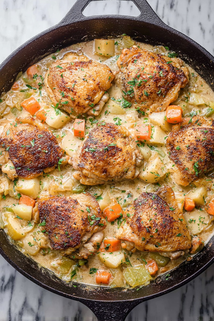 The image shows a close-up of a black skillet filled with browned, crispy-skinned cooked chicken thighs, surrounded by a golden, creamy sauce with visible small chopped onions and herbs. One chicken thigh is lifted with a wooden spoon, showing its golden, seasoned top layer with a slightly crispy texture. The sauce around the chicken has a smooth and creamy texture with some small chunks, and tiny green herb pieces are sprinkled lightly over the dish. The skillet rests on a white marbled surface. Photo taken with an iphone --ar 2:3 --v 7 - Apple Dijon Braised Chicken Thighs, Chicken thigh recipes with apples, Easy comfort food dinner ideas, One-pan chicken recipes, Fall apple chicken dishes