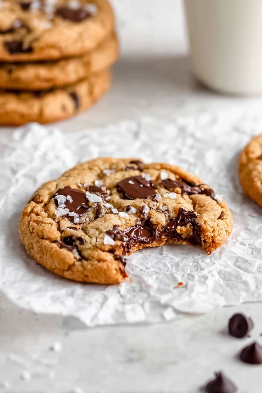 Two soft, round chocolate chip cookies lie on a white marbled surface, one stacked slightly on top of the other. The cookie on top has a bite taken out of it, revealing a warm, moist inside. Both cookies are golden brown with darker brown melted chocolate chips spread unevenly on top and throughout. Small flakes of sea salt are scattered around the chips, adding texture to the surface. The cookies look thick and chewy with crinkled and slightly crispy edges. Photo taken with an iphone --ar 2:3 --v 7 - Gluten Free Pumpkin Cookies, pumpkin cookies without gluten, allergy-friendly fall cookies, soft chewy pumpkin treats, pumpkin spice cookies gluten free