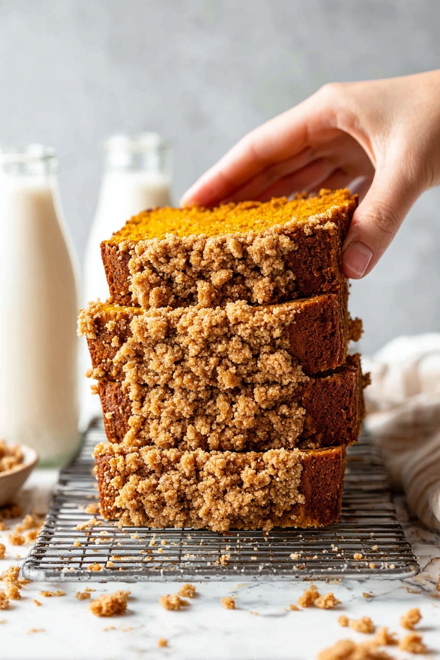 A loaf cake with two visible layers sits on a white marbled surface; the bottom layer is a dense, golden-brown cake, while the top layer is a crumbly, light brown streusel that covers the entire surface. A woman's hand pours a smooth, creamy beige sauce from a small white speckled pitcher onto the center of the crumb layer, with the sauce dripping down the side. In the background, two glass milk bottles with white liquid are softly blurred. The whole setup is clean and bright with a white marbled backdrop photo taken with an iphone --ar 2:3 --v 7 - Pumpkin Bread with Maple Glaze, pumpkin bread recipe, fall pumpkin bread, moist pumpkin loaf, maple glaze dessert
