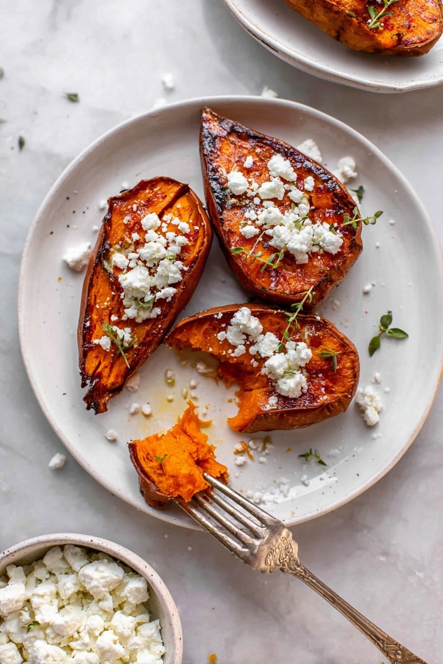 A white oval plate holds one layer of roasted sweet potato rounds, each slice showing a rich orange color with caramelized dark brown edges, giving a slight crispy look. The sweet potatoes are topped with small white chunks of soft cheese scattered unevenly and sprinkled with tiny green herb leaves, likely thyme. The plate sits on a white marbled surface, enhancing the warm colors of the food. In the bottom right corner, a small white bowl filled with more soft white cheese is partially visible. The photo taken with an iphone --ar 2:3 --v 7 - Roasted Sweet Potato Rounds with Honey & Feta, sweet potato appetizer, healthy sweet potato side, honey feta snack, easy roasted sweet potato recipe