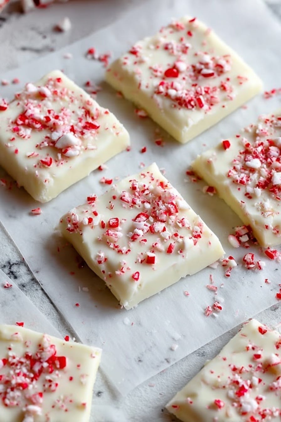 A close-up view of several square treats stacked slightly unevenly, each covered in a smooth, thick white coating. On top of each treat, small red and white candy pieces are scattered, creating a festive, speckled look. The white coating has a soft, swirled texture with gentle peaks and waves. The treats rest on a surface with a few more red candy pieces and small white balls scattered around, all set against a white marbled texture background. photo taken with an iphone --ar 2:3 --v 7 - Peppermint Crunch White Chocolate Covered Graham Crackers, peppermint graham cracker treats, white chocolate peppermint snacks, holiday peppermint desserts, easy peppermint candy