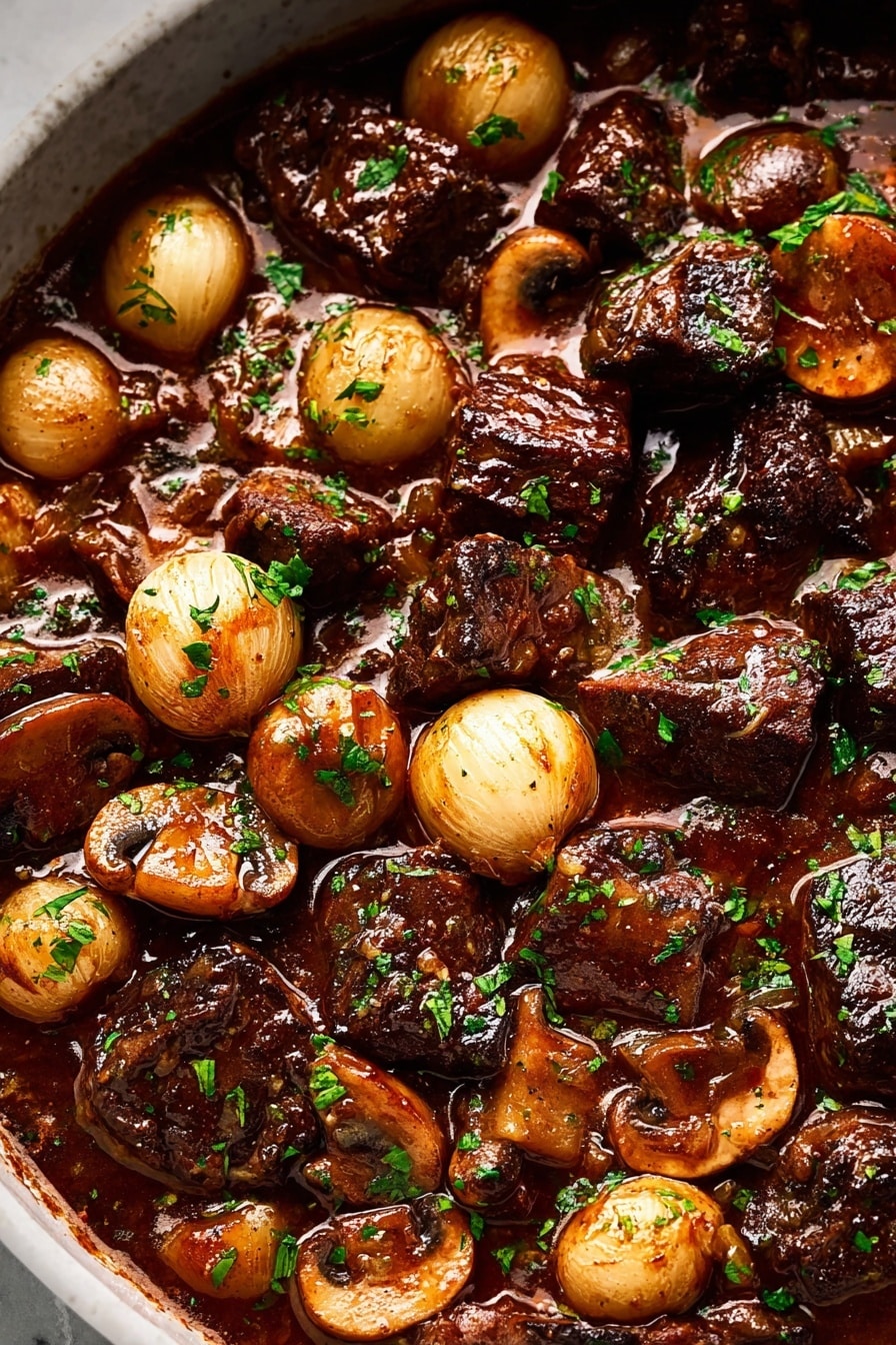 The image shows a white bowl filled with two main layers: a base of creamy, pale mashed potatoes with a smooth texture and a slightly swirled pattern, topped with a rich, dark brown stew containing chunks of tender meat, whole small onions, and sliced mushrooms, all garnished with finely chopped green herbs. The bowl sits on a white marbled surface beside a glass of dark red wine, a small bowl of ground black pepper, and some torn pieces of rustic bread. Photo taken with an iphone --ar 2:3 --v 7 - Classic Beef Bourguignon with Mushrooms and Pearl Onions, Beef Bourguignon recipe, French beef stew, hearty beef stew, beef stew with mushrooms and pearl onions