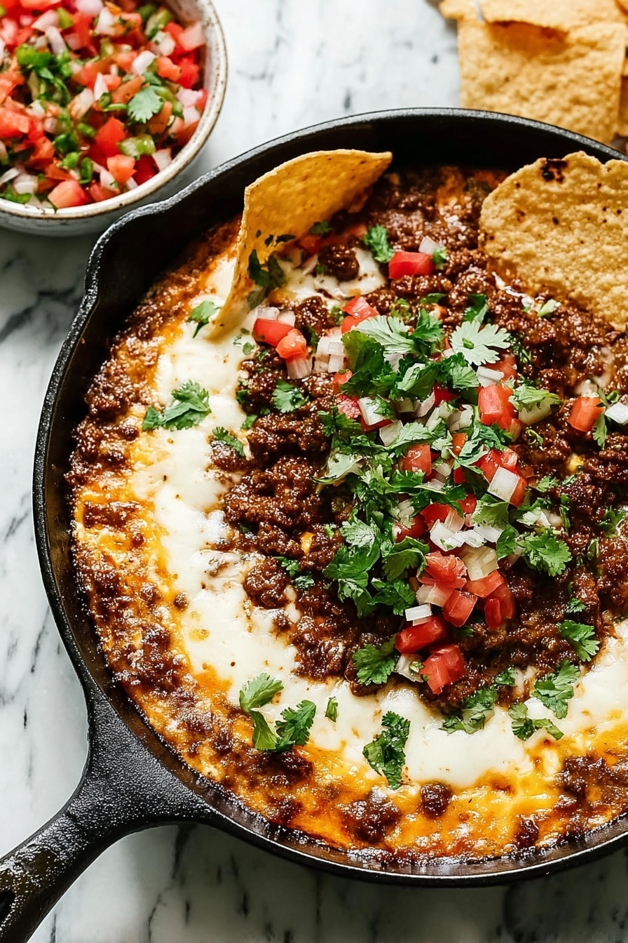 A black cast iron skillet holds a layered dish topped with melted white cheese that spreads across the surface with a smooth, creamy texture. In the center is a thick layer of cooked ground meat, dark brown with a slightly oily shine. Scattered over the meat are bright red tomato chunks, white onion pieces, and small green bits of jalapeño or herbs, adding color contrast. Fresh green cilantro leaves are spread on top, giving a fresh look. One crispy, golden-brown tortilla chip is resting on the edge, partly dipped into the melted cheese. Nearby, a white bowl with diced tomatoes, onions, and green herbs sits on a white marbled surface. Photo taken with an iphone --ar 2:3 --v 7 - Queso Fundido with Chorizo, Green Chilis, and Pico de Gallo, cheesy Mexican dip, spicy appetizer recipe, best Queso Fundido, easy Mexican cheese dip