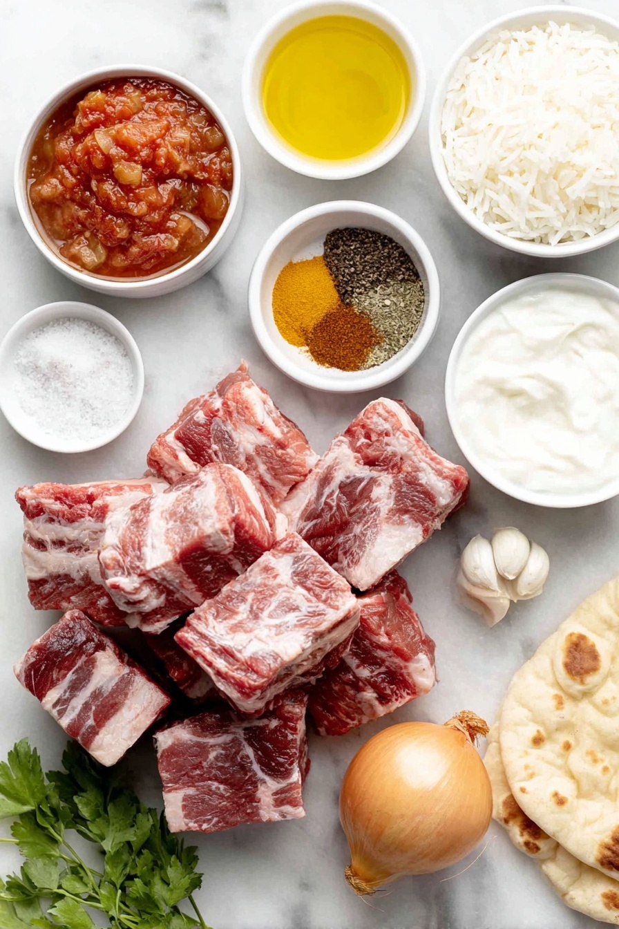 Flat lay of a thick shoulder lamb cut into large chunks, a small white bowl with freshly cracked black pepper, a small white bowl of coarse kosher salt, a small white bowl of extra-virgin olive oil with a golden hue, a whole medium yellow onion with a papery skin, four whole garlic cloves with skin removed, small white bowls each containing ground garam masala, ground cumin, turmeric powder, and ground cinnamon, a simple white ceramic bowl filled with crushed ripe red tomatoes, another small white bowl holding rich chicken stock, a small mound of fluffy cooked basmati rice, a piece of warm, fluffy naan bread, a small white bowl of smooth plain Greek yogurt, and a few sprigs of fresh green cilantro — all arranged symmetrically on a clean white marble surface, soft natural light, photo taken with an iPhone, professional food photography style, fresh ingredients, white ceramic bowls, no bottles, no duplicates, no utensils, no packaging --ar 2:3 --v 7 --p awthu7i m7354615311229779997 - Lamb Curry, hearty lamb curry recipe, slow-cooked lamb dishes, flavorful Indian lamb curry, comforting lamb dinner