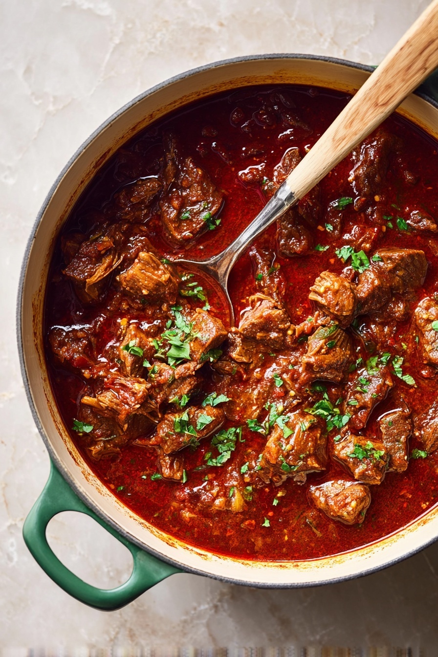 A white round pot with two handles holds a rich, deep red sauce with a shiny, oily texture that covers the bottom and surrounds four large pieces of browned meat. The meat pieces are dark brown with some crispy edges and are partially submerged in the thick, oily sauce with visible orange oil spots on the surface. The pot is placed on a white marbled surface. photo taken with an iphone --ar 2:3 --v 7 - Lamb Curry, hearty lamb curry recipe, slow-cooked lamb dishes, flavorful Indian lamb curry, comforting lamb dinner