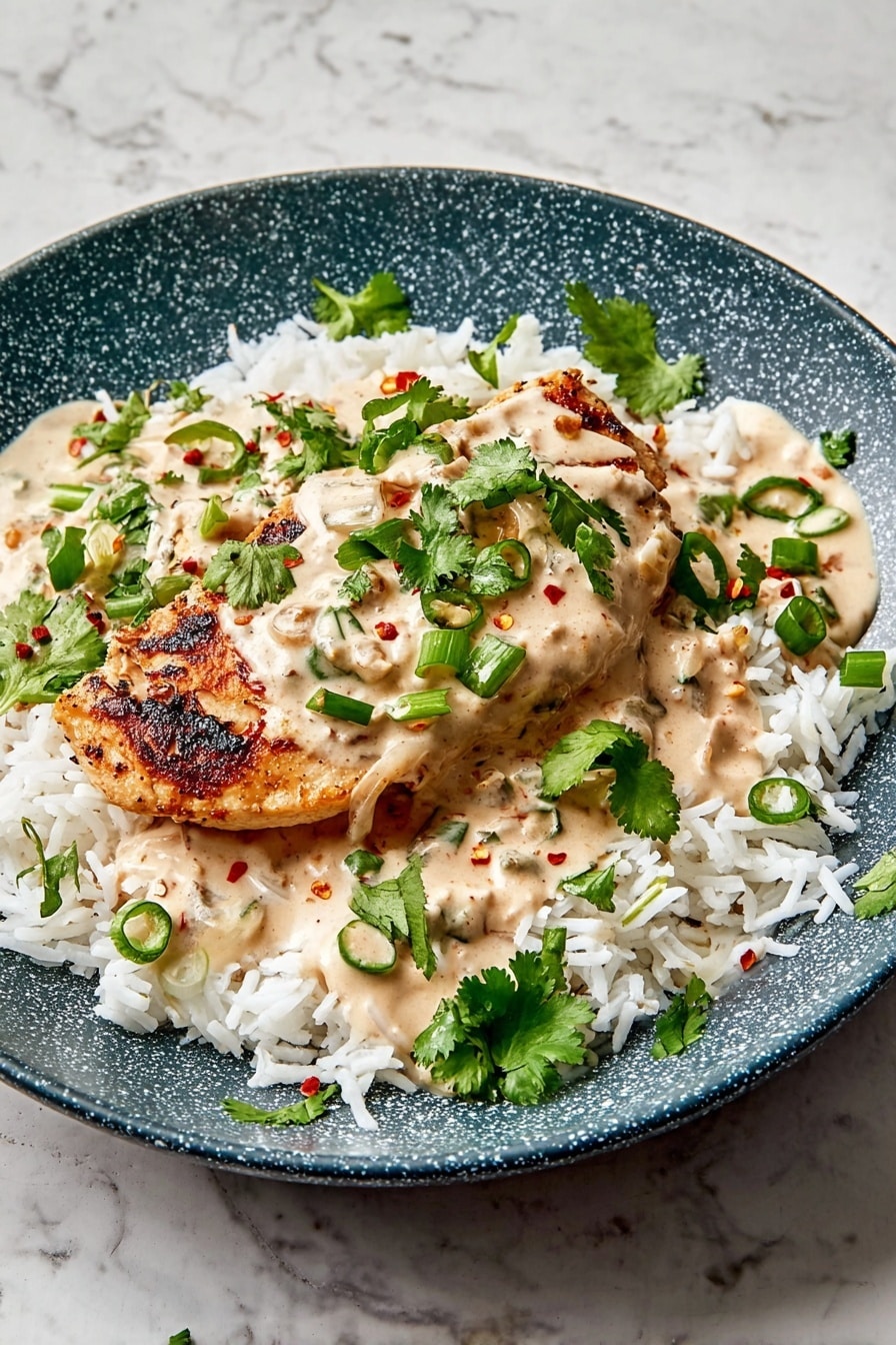 A white speckled plate sits on a white marbled surface, holding a bed of fluffy white rice spread across the bottom. On top, there is a single grilled piece of golden-brown chicken with slight char marks, half covered with a thick, creamy sauce that is pale beige in color with visible onion rings and green herbs mixed in. The dish is garnished with fresh, bright green cilantro leaves scattered over the chicken and sauce, along with thin slices of green onion and small red chili flakes adding contrast. The whole presentation has a rustic, home-cooked feel with natural, fresh ingredients clearly visible. Photo taken with an iphone --ar 2:3 --v 7 - Creamy Coconut Lime Chicken, coconut lime chicken, tropical chicken recipes, easy coconut chicken, zesty chicken dinner