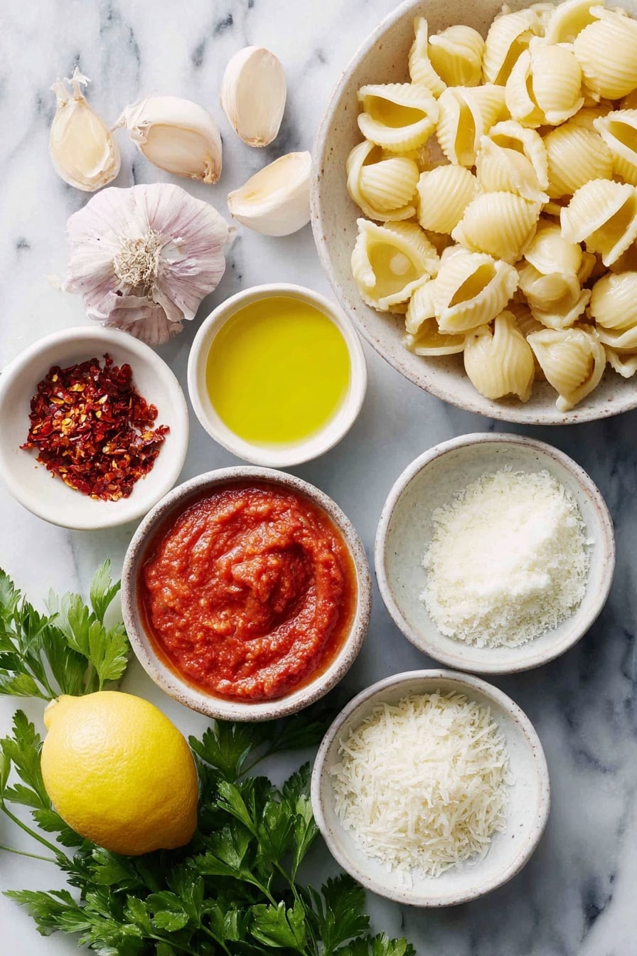 Flat lay of a small white ceramic bowl of extra-virgin olive oil, three whole garlic cloves with papery skin, a small white ceramic bowl filled with bright red Italian tomato purée, a small white ceramic bowl containing vibrant chopped red Calabrian chilis, coarse sea salt crystals scattered neatly, a portion of uncooked Shellbows pasta with their curved shell shape, a small white ceramic bowl of heavy cream, a small white ceramic bowl heaped with finely grated parmesan cheese, a whole fresh lemon alongside a small white ceramic bowl of freshly squeezed lemon juice, a few sprigs of fresh green parsley placed neatly, and a few whole Calabrian chili peppers placed for garnish, all arranged symmetrically and balanced, placed on a clean white marble surface, soft natural light, photo taken with an iPhone, professional food photography style, fresh ingredients, white ceramic bowls, no bottles, no duplicates, no utensils, no packaging --ar 2:3 --v 7 --p awthu7i m7354615311229779997 - Lemon Calabrian Chili Pasta, spicy lemon pasta, Calabrian chili pasta recipe, quick lemon chili pasta, flavorful pasta dishes