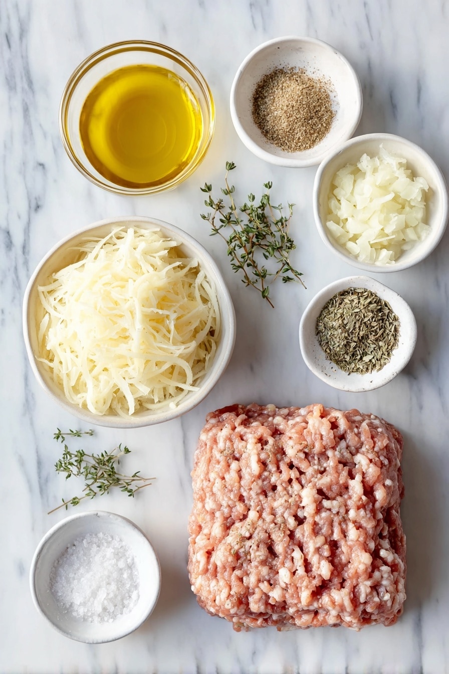 Flat lay of a small mound of freshly grated yellow onion, a portion of raw ground lamb shaped loosely, a portion of raw ground beef shaped loosely, a small white ceramic bowl of minced fresh garlic, a small white ceramic bowl with dried oregano leaves, a small white ceramic bowl with ground cumin powder, a small white ceramic bowl with garlic powder, a small white ceramic bowl with ground thyme, a small white ceramic bowl with ground marjoram, a small white ceramic bowl of freshly cracked black peppercorns, a small white ceramic bowl of kosher salt crystals, and a small white ceramic bowl filled with golden extra-virgin olive oil, all arranged in perfect symmetry on a clean white marble surface, soft natural light, photo taken with an iPhone, professional food photography style, fresh ingredients, white ceramic bowls, no bottles, no duplicates, no utensils, no packaging --ar 2:3 --v 7 --p awthu7i m7354615311229779997 - Homemade Gyro Meat, gyro meat recipe, Mediterranean gyro, how to make gyro meat, homemade gyro