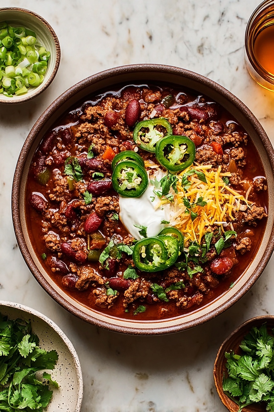 A dark bowl holds a thick stew with a rich reddish-brown color full of beans and ground meat pieces, topped with a dollop of white sour cream on the right side. Bright yellow shredded cheese is scattered across the stew with fresh green slices of jalapeño and chopped cilantro leaves spread evenly. A spoon with a cream handle rests inside the bowl on the right. Around the bowl are small white dishes with chopped green onions and fresh cilantro, all set on a white marbled tile surface. A transparent glass with light amber liquid sits in the top left corner. Photo taken with an iphone --ar 2:3 --v 7 - Easy Ground Beef Chili, comfort food recipes, hearty chili ideas, quick dinner recipes, flavorful beef chili