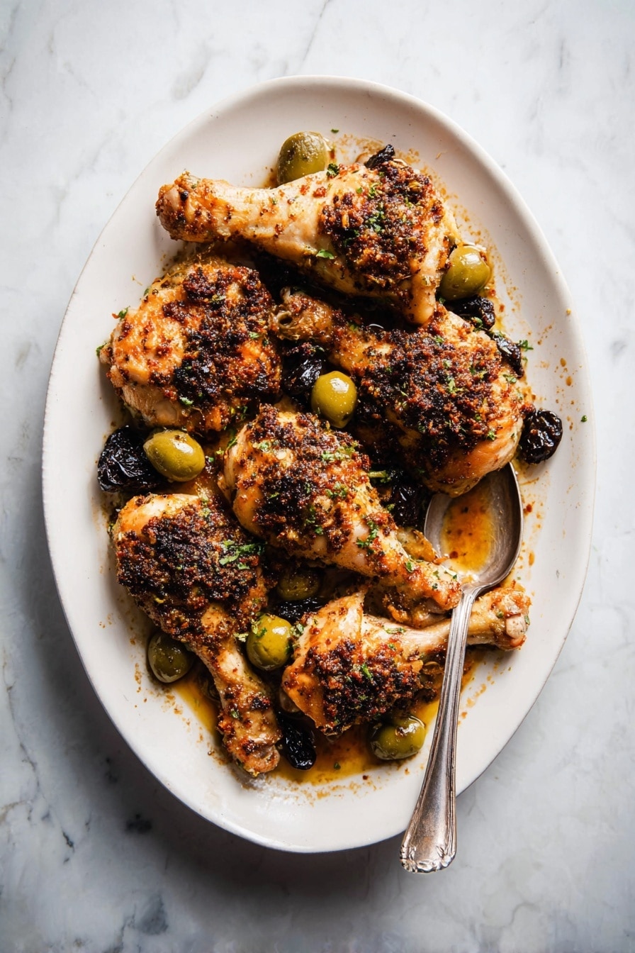 A white oval plate is filled with seven pieces of cooked chicken thighs and drumsticks, all golden brown with charred spots and topped with small bits of a dark, coarse sauce. Among the chicken pieces are small green olives and a few wrinkled black olives, giving color contrast. Fresh chopped green herbs are sprinkled over the dish, adding a fresh touch. A silver spoon with sauce sits on the right side of the plate. The plate is set on a white marbled surface. Photo taken with an iphone --ar 2:3 --v 7 - Sheet Pan Chicken Marbella with Olives and Prunes, Chicken Marbella, Mediterranean chicken bake, easy sheet pan dinner, flavorful chicken recipes
