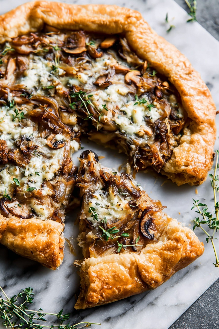 A round galette with a thick, golden-brown crust that looks crumbly and slightly uneven, folded inward at the edges to hold the filling. The filling has a mix of soft, light brown caramelized onion pieces covered with melted, creamy white cheese that stretches slightly. Small bits of green herbs are scattered on top, adding a touch of color and freshness. The dish rests directly on a white marbled surface, showing a rustic and homemade feel. Photo taken with an iphone --ar 2:3 --v 7 - Wild Mushroom Galette with Herb Crust, rustic mushroom tart, easy mushroom galette, herb crust tart, wild mushroom tart recipe