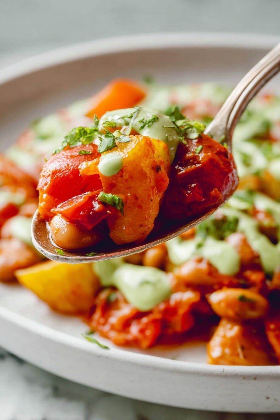 The image shows a close-up of a spoonful of food lifted above a white plate with a white marbled surface. The spoon holds layers of soft brown beans, small bright red tomato chunks, and tender orange potato pieces, all coated in a red sauce. There is a drizzle of light green creamy sauce on top that adds contrast. Small green herb leaves are scattered across the food, giving it a fresh look. The background is blurred but shows the same mixture of beans, potatoes, and sauce on the white plate below. photo taken with an iphone --ar 2:3 --v 7 - Plantain Pinto Stew with Aji Verde, plantain stew recipe, pinto bean stew with green sauce, flavorful Latin American stew, hearty plantain and bean dish