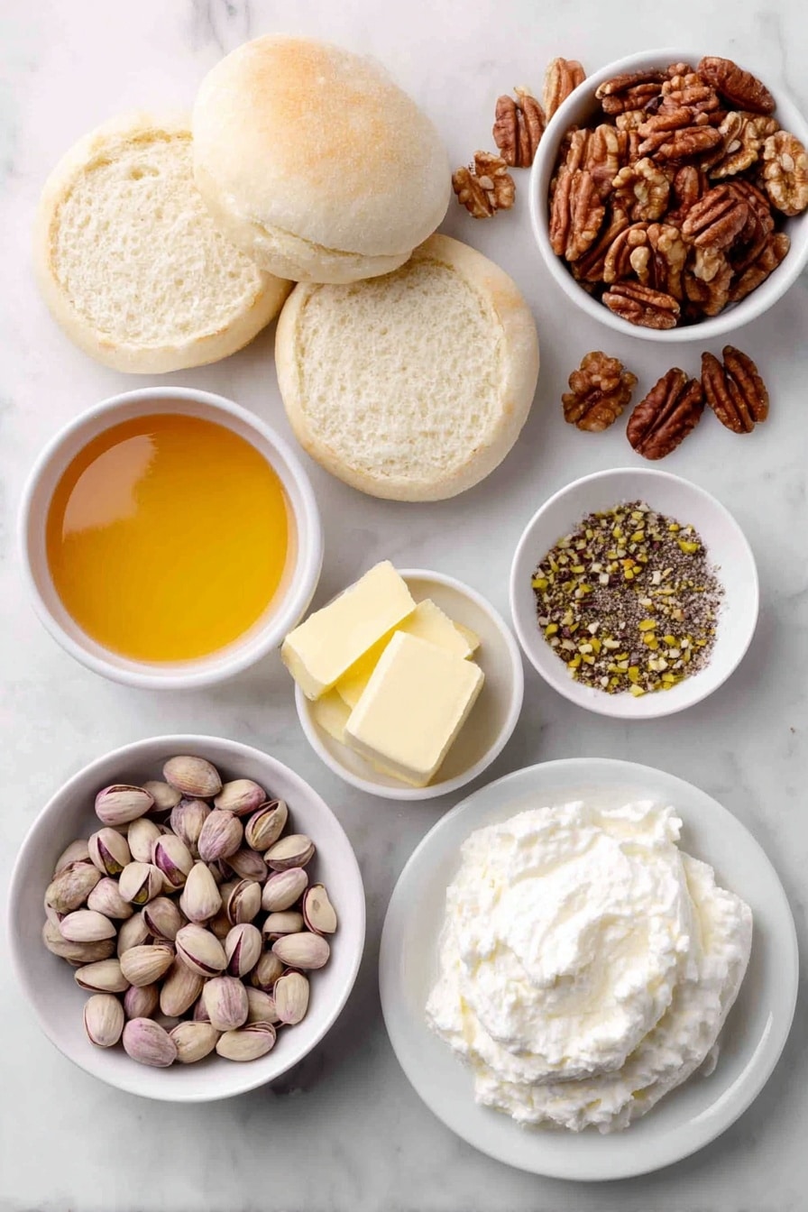 Flat lay of a fresh English muffin, split open to show its airy texture, a small handful of whole shelled pistachios, a small handful of whole walnuts, a few tablespoons of softened golden butter in a small white ceramic bowl, a small white bowl filled with rich golden honey, a dollop of creamy white mascarpone cheese on a simple white plate, and a sprinkle of brown sugar crystals loosely scattered, all arranged symmetrically on a clean white marble surface, soft natural light, photo taken with an iPhone, professional food photography style, fresh ingredients, white ceramic bowls, no bottles, no duplicates, no utensils, no packaging --ar 2:3 --v 7 --p awthu7i m7354615311229779997 - English Muffin Baklava with Nuts and Honey, baklava-inspired breakfast, quick nutty dessert, easy baklava alternative, honey and nut snack