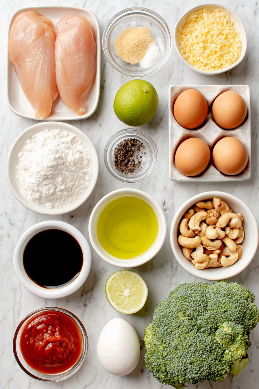 Flat lay of a small pile of raw chicken breasts with smooth pink flesh, a small mound of golden cornstarch powder, a small heap of coarse kosher salt crystals, a small pile of cracked black peppercorns, a small white ceramic bowl with bright green avocado oil, a small white ceramic bowl holding deep red curry paste, a small white ceramic bowl with light brown granulated brown sugar, a small cluster of roasted salted cashews with a light golden-brown color, a small white ceramic bowl of clear water, a small white ceramic bowl with amber maple syrup, a small white ceramic bowl filled with bright red sriracha sauce, a small white ceramic bowl containing dark soy sauce, one whole white garlic bulb clove, two whole uncracked brown eggs, a fresh lime cut in half showing juicy green interior, a small mound of freshly grated pale yellow ginger root, a small head of fresh broccoli with tight green florets and crisp stalks, a neat mound of fluffy cooked white rice served plainly, all arranged symmetrically on simple white ceramic bowls and plates placed on a clean white marble surface, soft natural light, photo taken with an iPhone, professional food photography style, fresh ingredients, white ceramic bowls, no bottles, no duplicates, no utensils, no packaging --ar 2:3 --v 7 --p awthu7i m7354615311229779997 - Red Curry Chicken Stir Fry with Cashew Sauce, spicy chicken stir fry recipes, quick Thai chicken dinners, easy cashew sauce recipes, flavorful Asian chicken stir fry