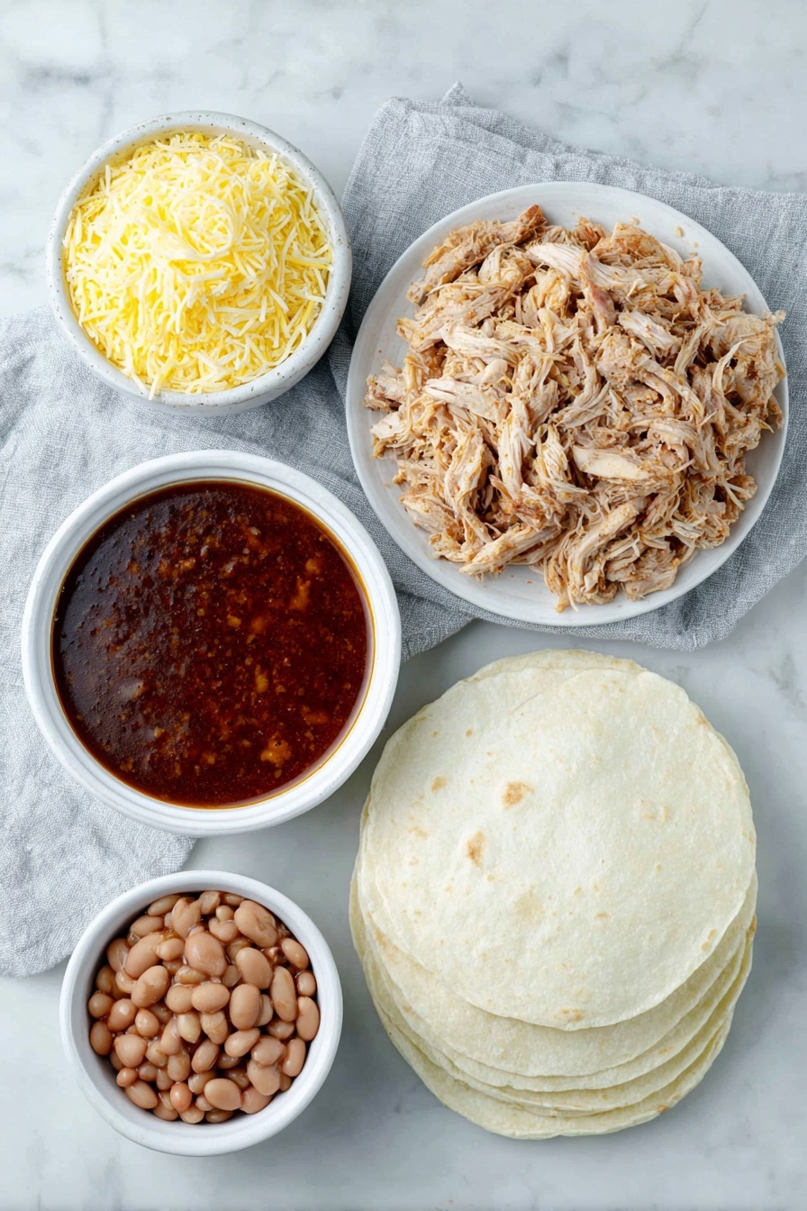 Flat lay of cooked shredded chicken piled naturally, a small white bowl filled with rich red enchilada sauce, a neat mound of shredded Mexican cheese, several small soft flour tortillas stacked gently, a small white bowl containing smooth refried beans, all arranged symmetrically on a clean white ceramic surface, placed on a clean white marble surface, soft natural light, photo taken with an iPhone, professional food photography style, fresh ingredients, white ceramic bowls, no bottles, no duplicates, no utensils, no packaging --ar 2:3 --v 7 --p awthu7i m7354615311229779997 - Chicken Enchilada Casserole, easy enchilada casserole, cheesy chicken casserole, Mexican-inspired casserole, weeknight dinner ideas