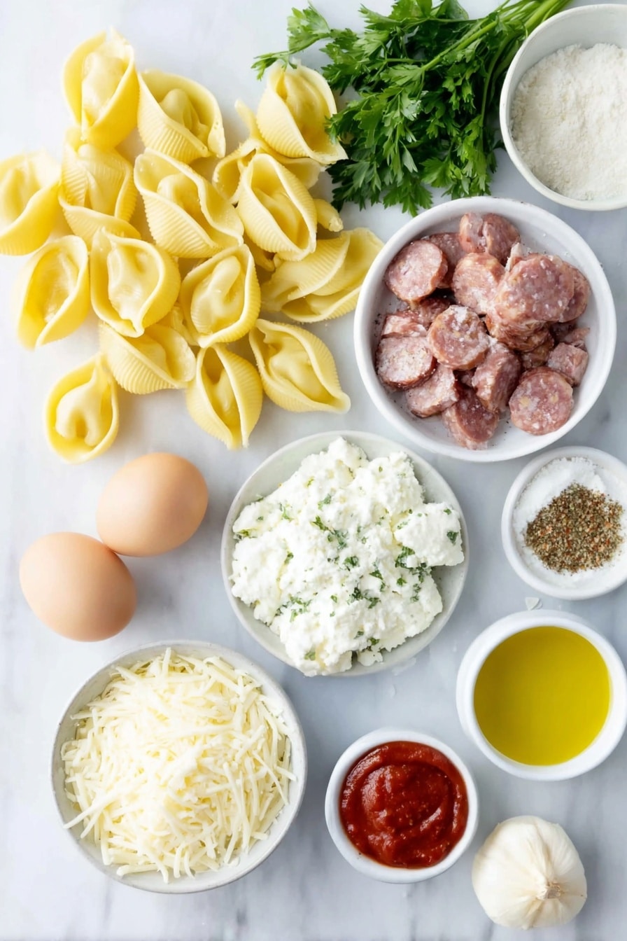 Flat lay of jumbo pasta shells arranged near shredded cooked chicken breast pieces, a few links of smoked andouille sausage chopped, two whole uncracked brown eggs, a small mound of fresh ricotta cheese, a small pile of shredded low-moisture mozzarella, finely grated Parmesan piled neatly, a few sprigs of bright green fresh parsley, three whole garlic cloves, a small white bowl of extra-virgin olive oil, a small white bowl of tomato paste, a small white bowl of heavy cream, a small white bowl of low-sodium chicken broth, a small white bowl with a pat of unsalted butter, a small white bowl of all-purpose flour, and a small white bowl containing mixed Cajun seasoning, kosher salt and freshly ground black pepper placed on a clean white marble surface, soft natural light, photo taken with an iPhone, professional food photography style, fresh ingredients, white ceramic bowls, no bottles, no duplicates, no utensils, no packaging --ar 2:3 --v 7 --p awthu7i m7354615311229779997 - Creamy Cajun Stuffed Pasta Shells, Cajun stuffed pasta, creamy stuffed pasta recipes, Cajun pasta dishes, flavorful stuffed pasta