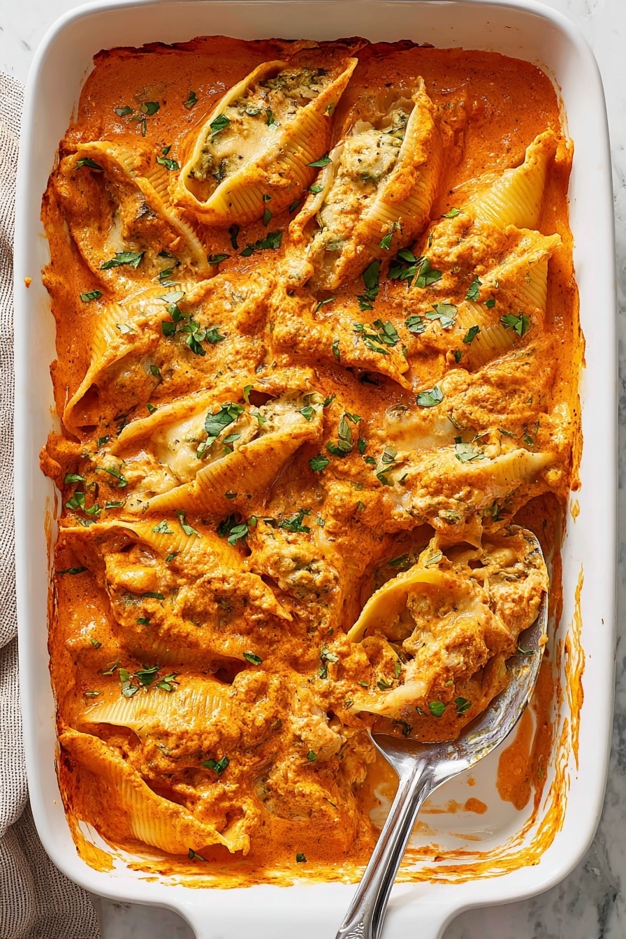 The dish shows four stuffed pasta shells on a white plate with a light brown rim, placed on a white marbled surface. Each shell is filled with a creamy mixture and covered with an orange-colored sauce, slightly textured and garnished with small green herb leaves sprinkled on top. One shell is partly open, revealing a creamy beige filling with some small bits inside. A silver fork rests on the right side of the plate near the shells. Some sauce and herbs are smeared lightly on the plate around the pasta shells. Photo taken with an iphone --ar 2:3 --v 7 - Creamy Cajun Stuffed Pasta Shells, Cajun stuffed pasta, creamy stuffed pasta recipes, Cajun pasta dishes, flavorful stuffed pasta