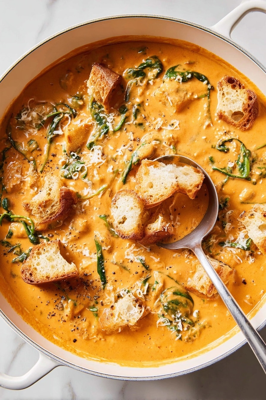 The image shows a white pan filled with a thick, creamy orange soup with green spinach leaves mixed in. Scattered on top are several pieces of toasted bread with a golden-brown crust and soft white inside. The soup is sprinkled with white grated cheese and small black pepper bits. A silver ladle is partially immersed in the soup, holding some of the soup along with spinach and bread pieces. The pan rests on a white marbled surface. photo taken with an iphone --ar 2:3 --v 7 - Creamy White Bean Tomato Soup, White Bean Tomato Soup, Cozy Soup Recipes, Healthy Tomato Soup, Easy Vegetarian Soup