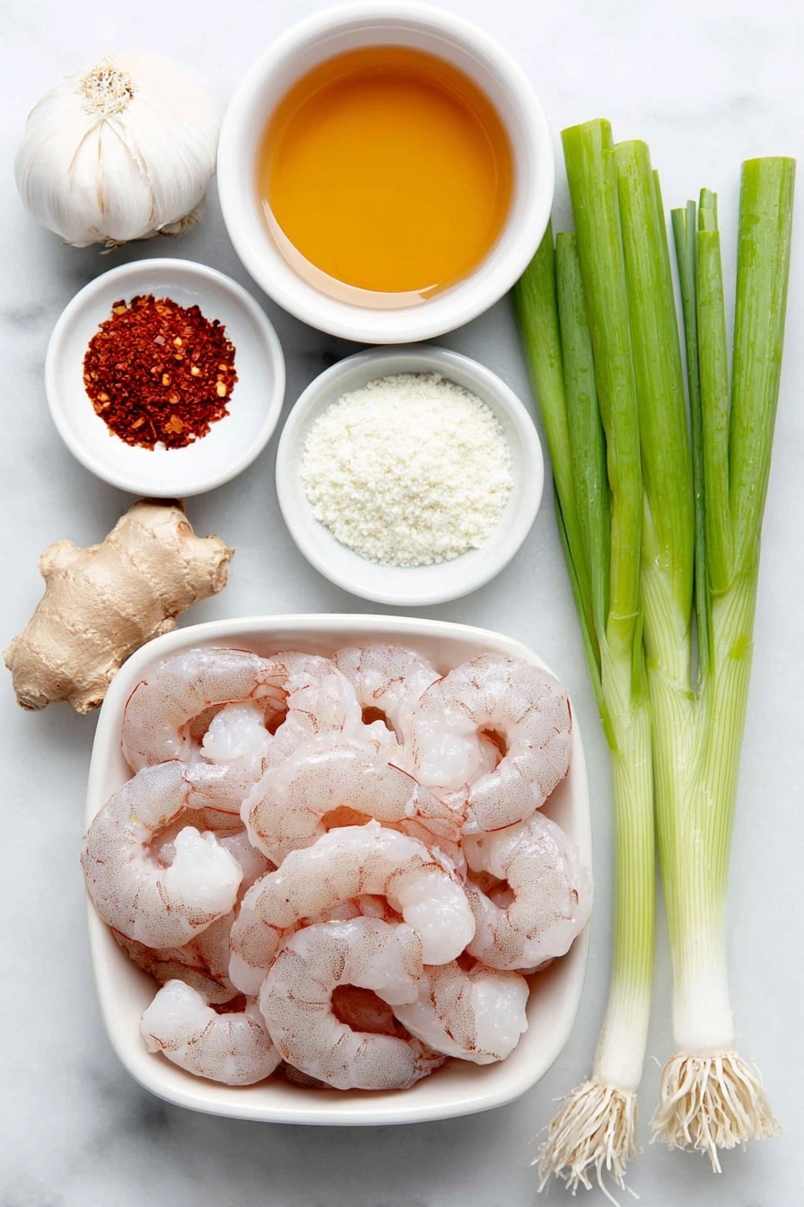 Flat lay of a small pile of fresh peeled and deveined shrimp, a few whole garlic cloves with papery skins intact, a small mound of grated ginger root, a small white ceramic bowl filled with golden honey, another small white bowl holding light soy sauce, a third small white bowl with white cornstarch powder, a small white bowl containing clear vegetable oil, a pinch of red chili flakes arranged neatly on the surface, and two whole green onions with fresh bright green tops and white bulbs, all arranged symmetrically with perfect balance, placed on a clean white marble surface, soft natural light, photo taken with an iPhone, professional food photography style, fresh ingredients, white ceramic bowls, no bottles, no duplicates, no utensils, no packaging --ar 2:3 --v 7 --p m7354615311229779997 - Honey Garlic Shrimp, Honey Garlic Shrimp recipe, easy shrimp dinner, quick seafood dish, flavorful shrimp recipe