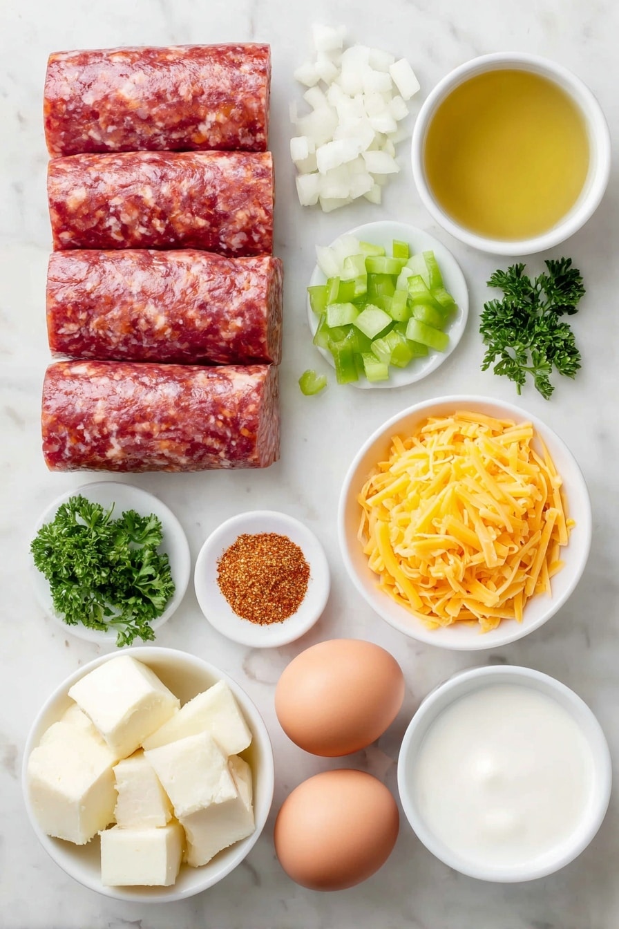 Flat lay of a few slices of andouille sausage arranged neatly, a small mound of diced white onion, a small pile of diced celery ribs, half of a red bell pepper diced into cubes, a small heap of minced garlic, a small white ceramic bowl with a blend of Cajun seasoning spices including paprika and cayenne powder, a peeled russet potato cut into cubes, a small white ceramic bowl filled with chicken broth, a small white ceramic bowl holding heavy whipping cream, a small white ceramic bowl with shredded mild cheddar cheese, a few sprigs of fresh chopped parsley, a small white ceramic bowl with vegetable oil, two whole uncracked brown eggs placed apart, placed on a clean white marble surface, soft natural light, photo taken with an iPhone, professional food photography style, fresh ingredients, white ceramic bowls, no bottles, no duplicates, no utensils, no packaging --ar 2:3 --v 7 --p m7354615311229779997 - Cajun Potato Soup with Sausage, Cajun sausage potato soup, spicy potato soup, creamy Cajun soup, hearty sausage potato stew