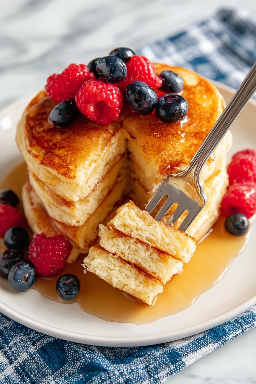 A stack of four golden-brown pancakes sits centered on a white plate, each pancake fluffy with a light, slightly crisp edge. The top pancake is crowned with bright red raspberries and deep blue blueberries, some berries glistening with dew. Amber syrup is drizzled over the top, running down the sides and pooling gently on the plate, catching light and adding a warm shine. More blueberries are scattered around the base of the stack on the plate. The plate rests on a white marbled surface with a soft blue and white striped cloth partially visible underneath. Photo taken with an iphone --ar 2:3 --v 7 - Easy Classic Buttermilk Pancakes, fluffy pancake recipe, homemade breakfast pancakes, simple pancake batter, tender pancake recipe