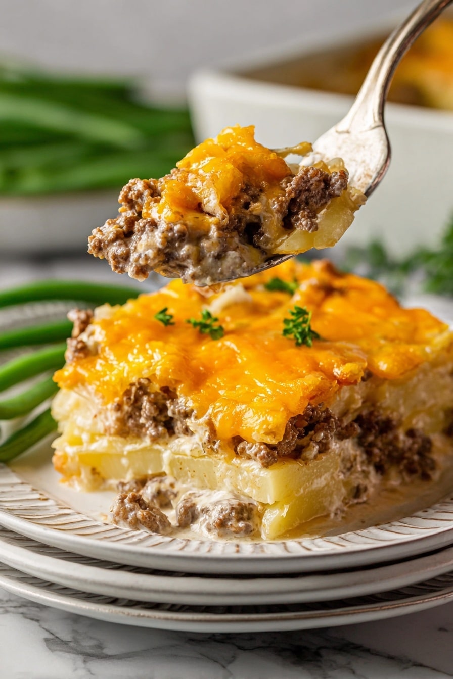 A white plate on a white marbled surface holds a layered casserole dish with three main layers: a bottom layer of soft yellow potato slices, a middle layer of creamy ground meat mixed with light sauce, and a top layer of melted golden yellow cheese with browned spots. Next to the casserole are bright green steamed green beans, fresh and cut into pieces. A small golden-brown bread roll sits beside the beans. A silver fork lifts a portion of the casserole, showing the inside layers clearly. Small green herbs sprinkle on top of the melted cheese. Photo taken with an iphone --ar 2:3 --v 7 - Easy Ground Beef Potatoes Casserole, ground beef casserole recipe, hearty potato casserole, simple dinner recipes, comfort food casserole