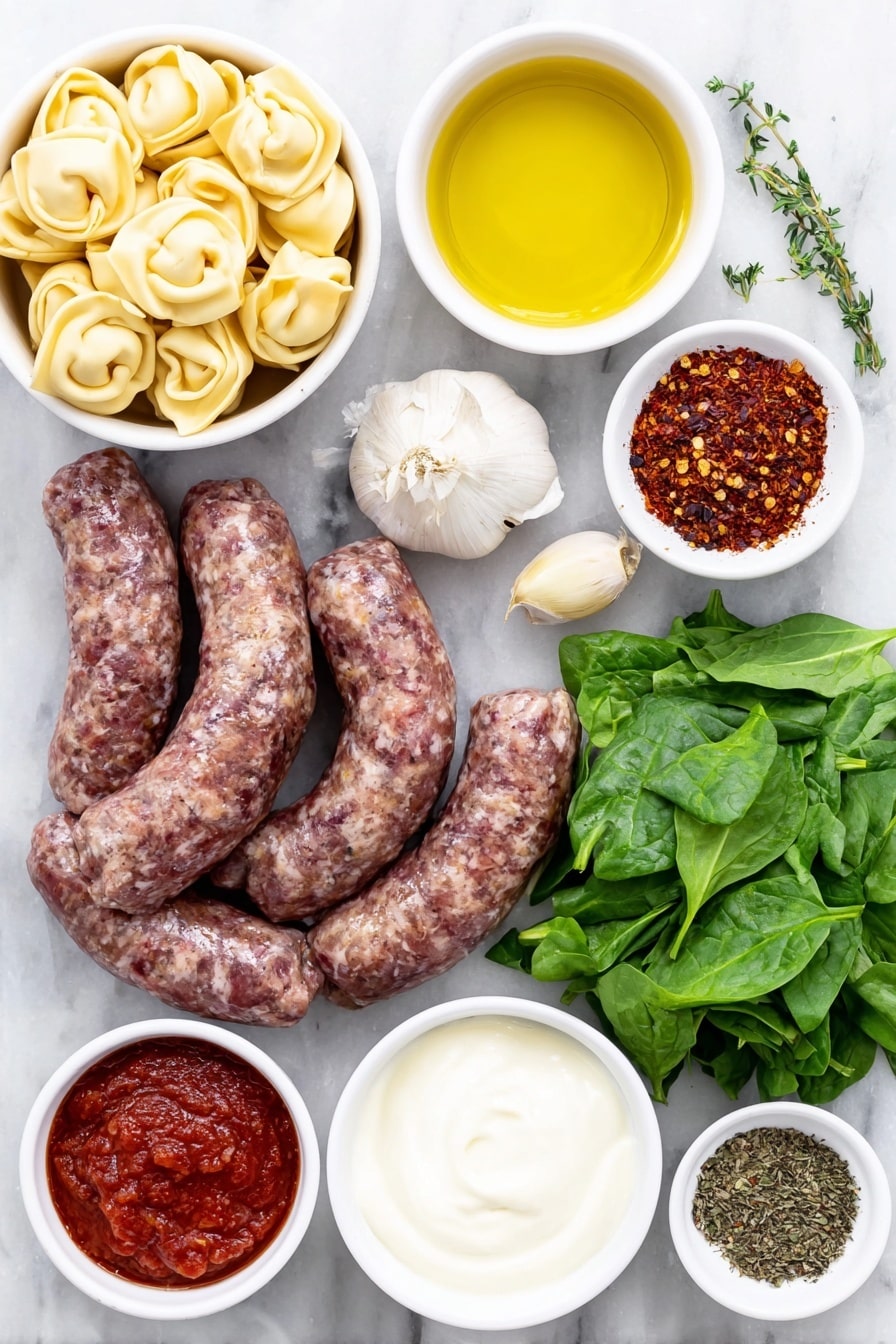 Flat lay of spicy Italian sausage links, a small white bowl of golden olive oil, a small white bowl filled with Italian seasoning herbs, a small white bowl with bright red paprika powder, a large peeled and cubed sweet potato, five garlic cloves peeled, a small white bowl with red pepper flakes, a small white bowl containing smooth tomato paste, a small white bowl of clear water, a few bundles of fresh three-cheese tortellini pasta, a small pile of vibrant fresh spinach leaves, a small white bowl with heavy cream, and fresh green thyme sprigs arranged symmetrically, placed on a clean white marble surface, soft natural light, photo taken with an iPhone, professional food photography style, fresh ingredients, white ceramic bowls, no bottles, no duplicates, no utensils, no packaging --ar 2:3 --v 7 --p m7354615311229779997 - Creamy Sausage Tortellini Soup, Sausage Tortellini Soup, comforting creamy soup recipes, hearty sausage soup, easy weeknight soup ideas