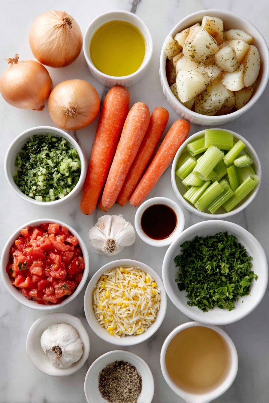 Flat lay of a small white ceramic bowl of golden olive oil, a medium yellow onion halved and chopped, two fresh orange carrots chopped, a handful of chopped green celery stalks, four peeled garlic cloves, a small white ceramic bowl with rich red tomato paste, two medium potatoes cut into cubes with creamy white flesh and light brown skin, a small white ceramic bowl filled with bright red diced tomatoes, a small white ceramic bowl of light golden vegetable broth, a small white ceramic bowl of dark brown Worcestershire sauce, a small white ceramic bowl of packed light brown sugar, a small white ceramic bowl with mixed Italian seasoning herbs, a small white ceramic bowl of seasoned salt, a small white ceramic bowl of celery salt, a small white ceramic bowl containing raw dry orzo pasta, a small white ceramic bowl of bright yellow frozen sweet corn kernels, a small white ceramic bowl filled with chopped fresh vibrant green parsley, a small white ceramic bowl with fresh lemon juice, a small white ceramic bowl with finely grated pale yellow Parmesan cheese, and whole black peppercorns and kosher salt scattered neatly around, all arranged with perfect symmetry and balanced proportions, placed on a clean white marble surface, soft natural light, photo taken with an iPhone, professional food photography style, fresh ingredients, white ceramic bowls, no bottles, no duplicates, no utensils, no packaging --ar 2:3 --v 7 --p m7354615311229779997 - Vegetable Orzo Soup, hearty vegetable orzo, easy vegetable soup, healthy vegetable orzo recipe, comforting vegetable soup
