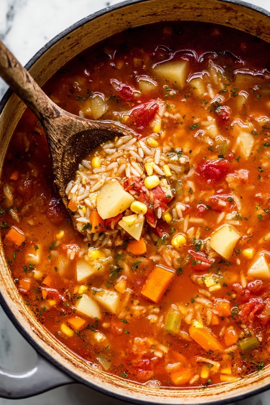 A white bowl filled with a thick soup showing three main layers: a rich orange-red broth as the base, small white rice grains scattered evenly throughout, and bright orange carrot slices, yellow corn kernels, red tomato chunks, and light yellow potato pieces distributed on top. The surface shows a sprinkle of finely chopped green herbs and tiny white cheese shavings. A silver spoon with a black and gold handle rests inside the bowl on the left side. The bowl sits on a white marbled surface with a white and blue checkered cloth partially visible at the bottom left corner. Photo taken with an iphone --ar 2:3 --v 7 - Vegetable Orzo Soup, hearty vegetable orzo, easy vegetable soup, healthy vegetable orzo recipe, comforting vegetable soup