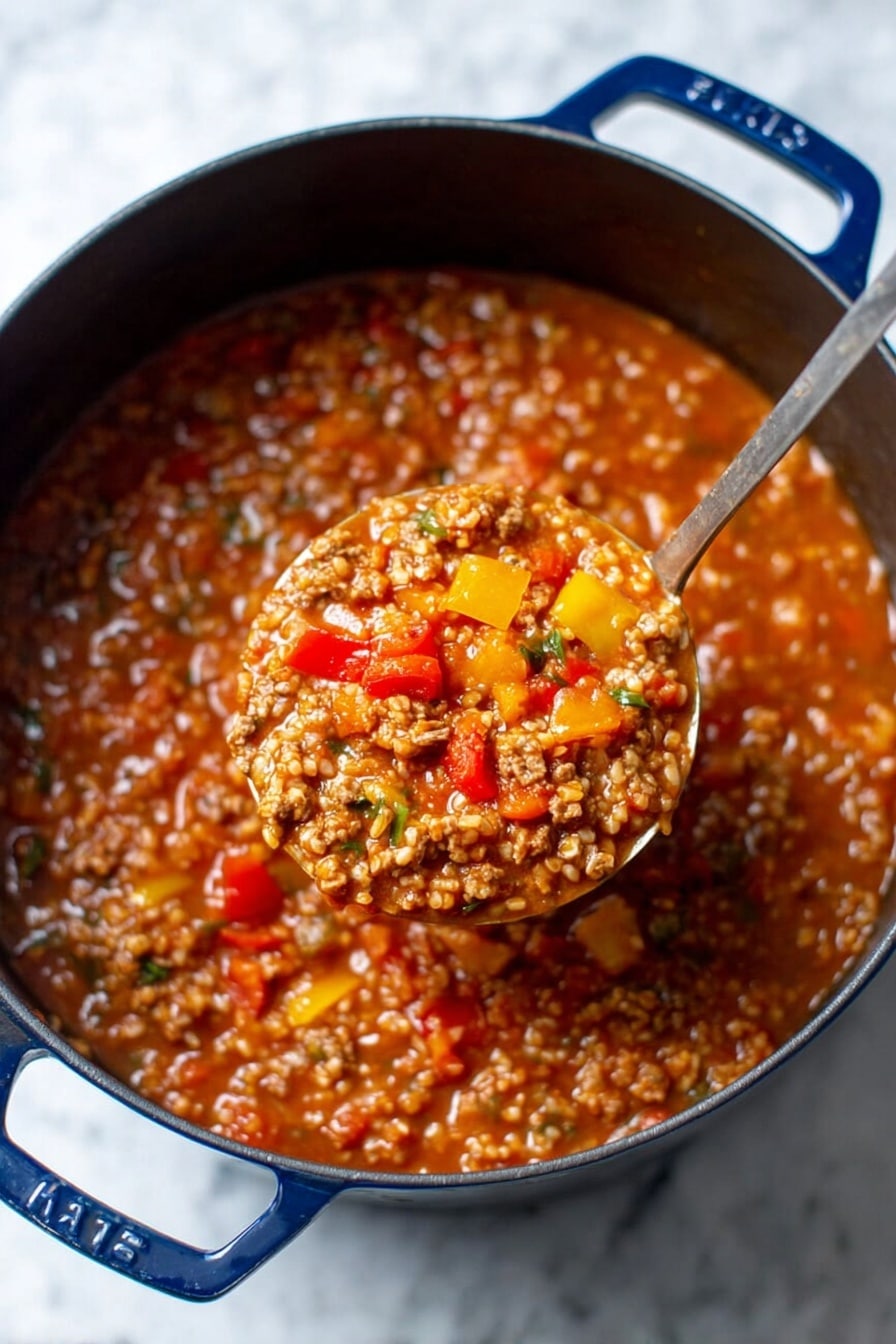 A white bowl filled with thick soup showing layers of ingredients including chunks of red and yellow bell peppers, ground meat, and rice mixed in a rich brownish-red broth. Small bits of green herbs are sprinkled on top, along with a light dusting of grated cheese. The bowl sits on a white marbled surface, with some hexagonal crackers scattered around it, and a silver spoon to the side. A striped cloth napkin adds a cozy touch in the background. Photo taken with an iphone --ar 2:3 --v 7 - Stuffed Pepper Soup, hearty stuffed pepper soup, easy stuffed pepper soup recipe, wholesome stuffed pepper soup, comforting stuffed pepper soup