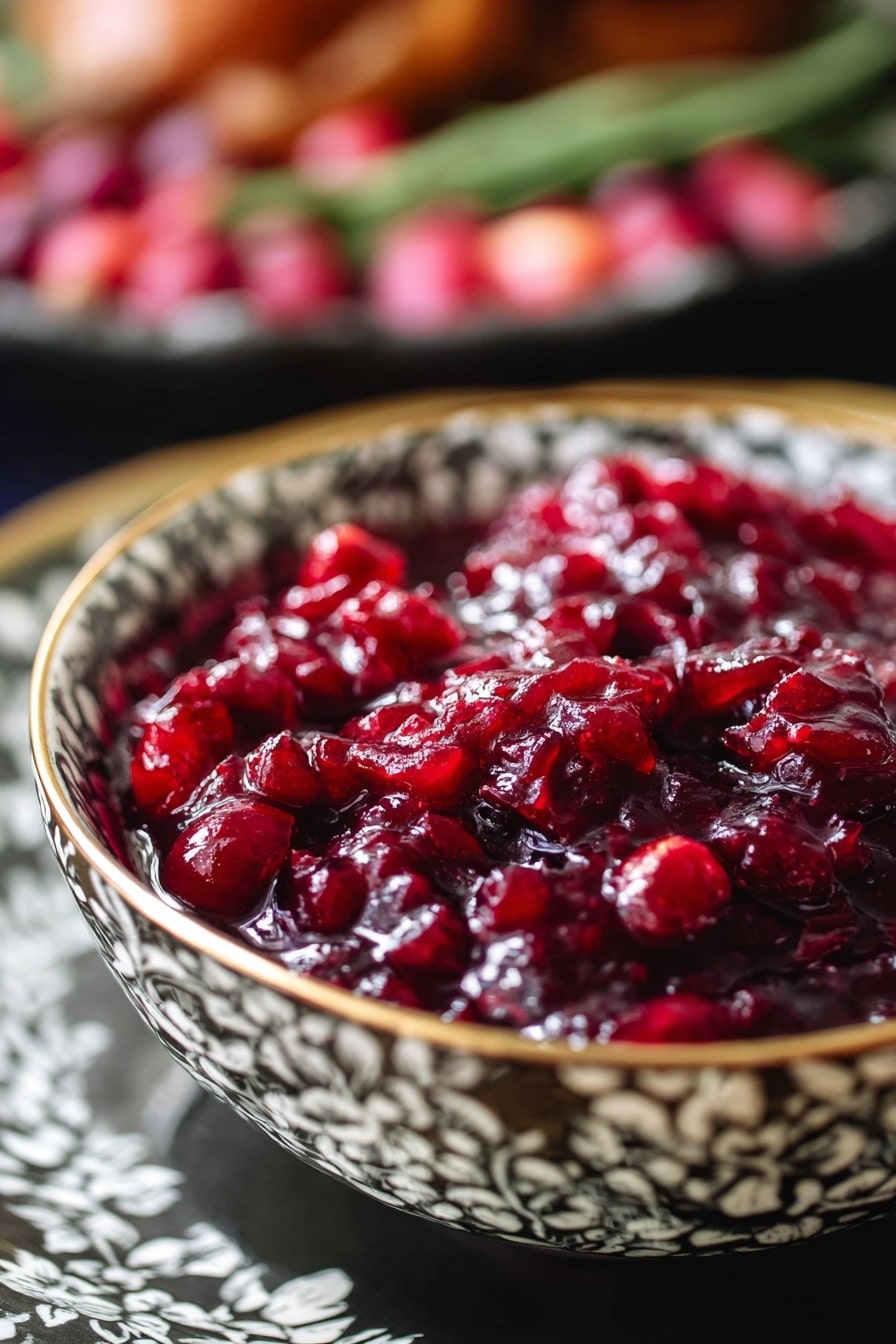The image shows a ruffled white bowl with black and gold checkerboard edges holding a deep red, thick sauce made from whole cranberries. The cranberries have a shiny, slightly chunky texture, and the sauce fills the bowl about halfway. The bowl sits on a white marbled surface. In the blurred background, there is a white plate with green beans and another white plate with roasted brown meat. Some green leaves are visible at the bottom right corner. photo taken with an iphone --ar 2:3 --v 7 - Chipotle Cranberry Chutney, spicy cranberry chutney, holiday cranberry sauce, smoky cranberry condiment, fruity savory chutney