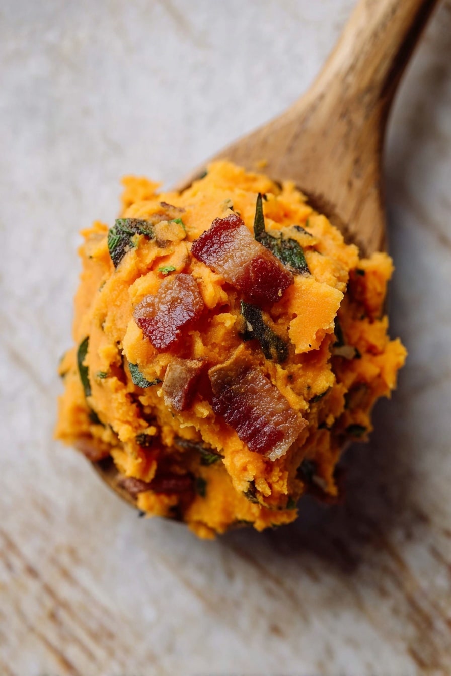 The dish is served in a white shallow bowl with a thick base layer of smooth, bright orange mashed sweet potatoes. On top, there are small pieces of crispy, browned bacon scattered evenly, mixed with dark green chopped herbs, giving a textured and colorful contrast to the bright base. The bowl is placed on a dark wooden surface, but the background should be imagined as white marbled. The overall look is rustic with a mix of creamy and crispy textures. photo taken with an iphone --ar 2:3 --v 7 - Bourbon Bacon Whipped Sweet Potatoes with Brown Butter and Crispy Sage, sweet potato side dish with bourbon and bacon, festive sweet potato recipe, savory thanksgiving side, gourmet sweet potato dish