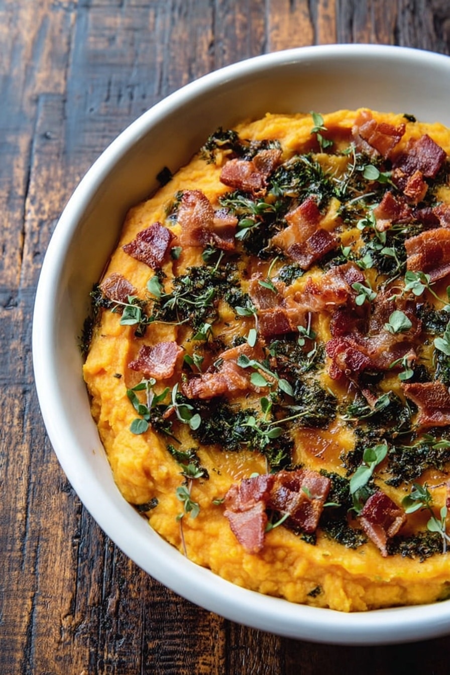 A white bowl filled with two layers: the bottom layer is smooth, orange mashed sweet potatoes, and the top layer is scattered with small, crispy dark brown bacon bits and chopped green herbs. A wooden spoon scoops up some of the mashed sweet potatoes mixed with bacon and herbs, showing the creamy texture of the mash. The bowl sits on a wooden surface. photo taken with an iphone --ar 2:3 --v 7 - Bourbon Bacon Whipped Sweet Potatoes with Brown Butter and Crispy Sage, sweet potato side dish with bourbon and bacon, festive sweet potato recipe, savory thanksgiving side, gourmet sweet potato dish