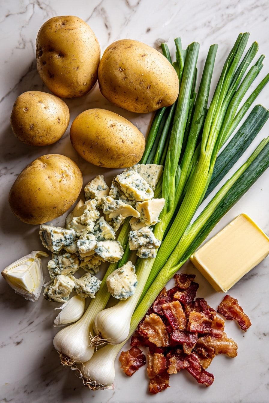 Flat lay of golden Yukon gold potatoes with smooth, slightly waxy skins, chunks of creamy blue cheese with its marbled white and blue veins, crispy, reddish-brown crumbled bacon pieces, vibrant green sliced scallions with fresh stalks and delicate white bulbs, and a small block of pale yellow unsalted butter with a soft texture, all arranged naturally to highlight their fresh, rich colors and textures, placed on white marbled surface, photo taken with an iphone --ar 2:3 --v 7 - Buttermilk Bacon Blue Smashed Potatoes, smashed potato recipes, blue cheese potato sides, bacon mashed potatoes, tangy creamy potato dish