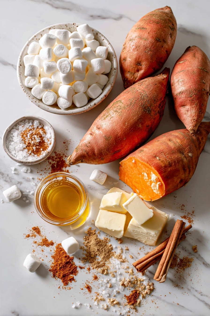Flat lay of four whole medium sweet potatoes with their rough orange skin, a small mound of glossy mini white marshmallows, a neat drizzle of golden maple syrup flowing beside a few pats of smooth creamy butter, scattered warm brown cinnamon powder and fine nutmeg next to coarse flaky salt crystals, all arranged naturally with some sweet potato flesh scooped out and visible, placed on white marbled surface, photo taken with an iphone --ar 2:3 --v 7 - Maple Marshmallow Twice-Baked Sweet Potatoes, sweet potato side dishes, holiday sweet potato recipes, easy baked sweet potatoes, cozy sweet potato sides
