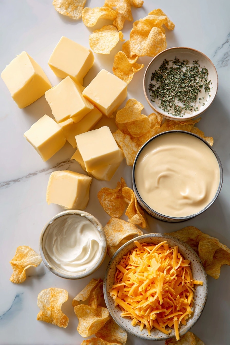 Flat lay of thawed diced potatoes with their soft, pale yellow cubes scattered naturally, rich golden salted butter blocks partially melted, smooth and creamy white sour cream dollops, a rustic can of cream of chicken soup with its soft beige color visible at the rim, bright orange sharp cheddar cheese shredded finely with delicate curls, light green dried parsley flakes sprinkled loosely, and crunchy golden kettle-cooked potato chips broken into irregular pieces, all beautifully arranged in a casual, inviting way, placed on white marbled surface, photo taken with an iphone --ar 2:3 --v 7 - My Mom’s Cheesy Potatoes, cheesy potatoes recipe, creamy cheesy potatoes, hearty potato casserole, family favorite potato dishes