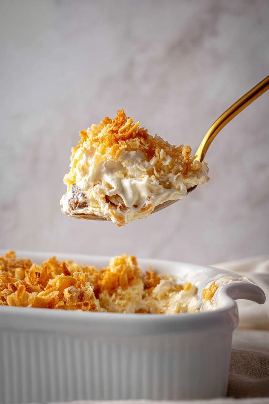 A close-up view of a white rectangular baking dish filled with a golden layered casserole. The top layer is covered with a thick, crunchy layer of crushed cornflakes, showing an uneven, textured surface in yellow and light orange shades. Below the crunchy top, there is a thick, smooth orange-colored layer that looks creamy. One square piece is removed from the casserole, revealing the layers inside, with creamy white and orange layers visible. The dish is placed on a white marbled texture surface. Photo taken with an iphone --ar 2:3 --v 7 - My Mom’s Cheesy Potatoes, cheesy potatoes recipe, creamy cheesy potatoes, hearty potato casserole, family favorite potato dishes
