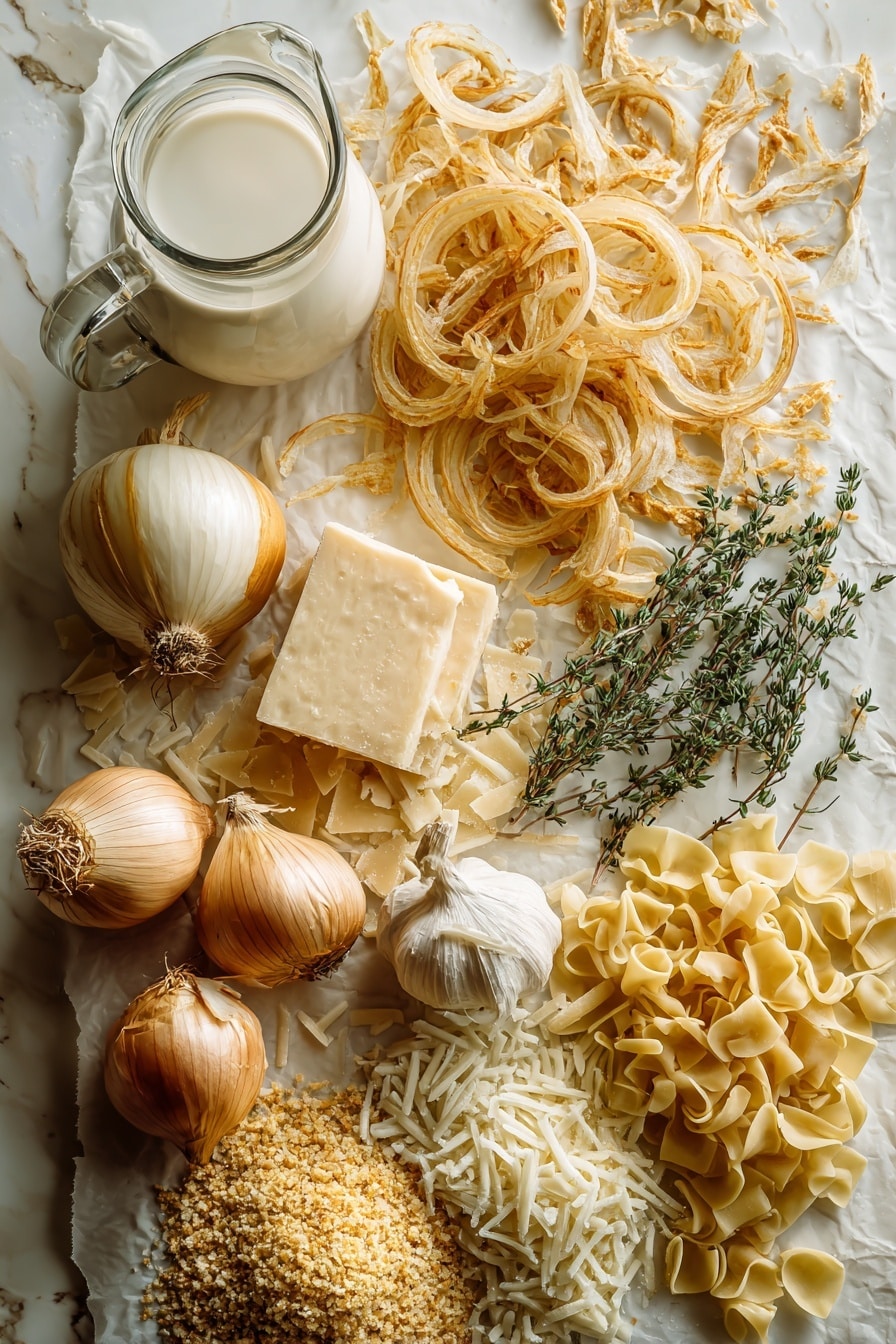 Flat lay of thinly sliced sweet onions in various caramelized golden and amber hues, freshly grated pale yellow Gruyere cheese, light tan Parmesan cheese shards, small bunches of fresh green thyme sprigs with delicate leaves, creamy white milk in a glass jug, a mound of golden seasoned breadcrumbs with a coarse texture, soft cubes of pale yellow unsalted butter, and a handful of uncooked short cut pasta with a smooth golden surface, all beautifully arranged in a natural, slightly scattered composition, placed on white marbled surface, photo taken with an iphone --ar 2:3 --v 7 - French Onion Mac and Cheese, caramelized onion mac and cheese, gourmet mac and cheese, cheesy onion pasta, comfort food with onions