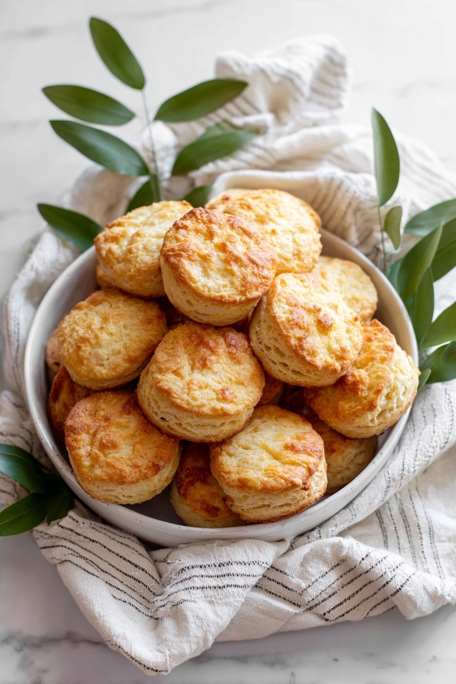 A white bowl is filled with about eighteen round, golden-brown biscuits that look soft and flaky, with some slightly darker spots showing a crunchy texture. The biscuits are layered loosely on top of a beige cloth with thin black stripes which lines the bowl. Around the bowl, fresh green leaves add a natural touch. The bowl is set on a white marbled surface, creating a clean and bright background. photo taken with an iphone --ar 2:3 --v 7 - Smoked Cheddar and Sour Cream Biscuits, smoky cheese biscuits, tender cheddar biscuits, homemade savory biscuits, cheesy breakfast biscuits