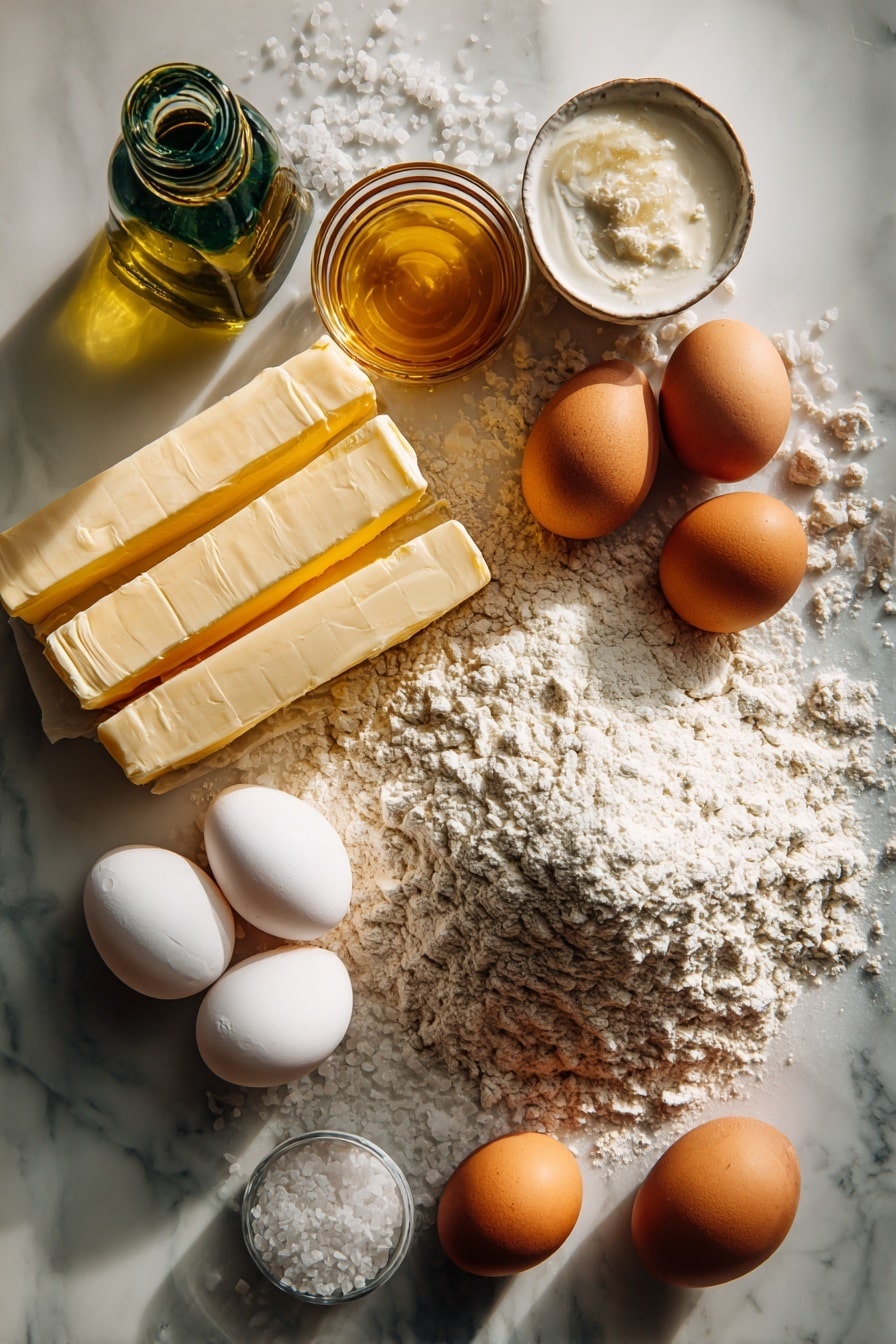 Flat lay of golden unsalted butter sticks with a soft, creamy texture, plump warm brown active dry yeast packets with fine granules spilling slightly, smooth raw large eggs with glossy white shells, a small glass of warm creamy milk, a drizzle of rich amber honey with its sticky sheen visible, a mound of fine white all-purpose flour with powdery texture, a small bottle of deep green olive oil glistening with light reflections, and coarse sea salt crystals sparkling subtly, all beautifully arranged with natural spacing and soft shadows, placed on white marbled surface, photo taken with an iphone --ar 2:3 --v 7 - Buttery Cloverleaf Rolls, fluffy bread rolls, homemade bread, soft dinner rolls, buttery bread recipe